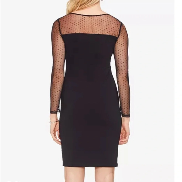NWT Vince Camuto black dot mesh long sleeve mini dress with ruching medium - Picture 2 of 14